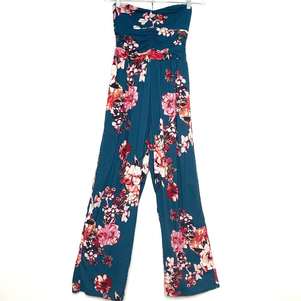 Band of Gypsies Blue Floral Strapless Jumpsuit Sm Fairy Bohemian Coastal Grandma